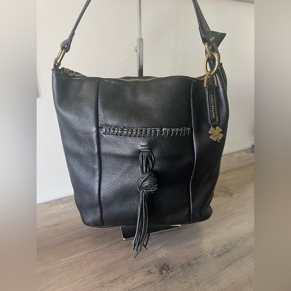 Lucky Brand Black Pebble Leather Shoulder Bag with Tassel
